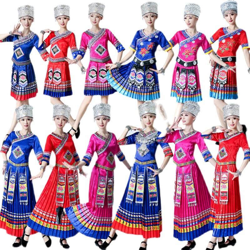 The new ethnic minority clothing Miao nationality pleated skirt performance service is thin, Guangxi Zhuang March three dance performance clothes