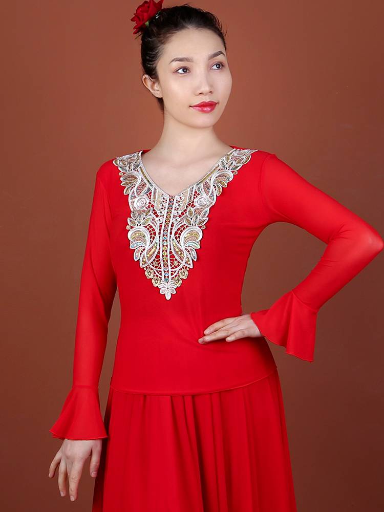 Xinjiang dance service new net gauze paste flower horn sleeve sleeve top national style female air -breathable clothing Wei nationality dance bottoming