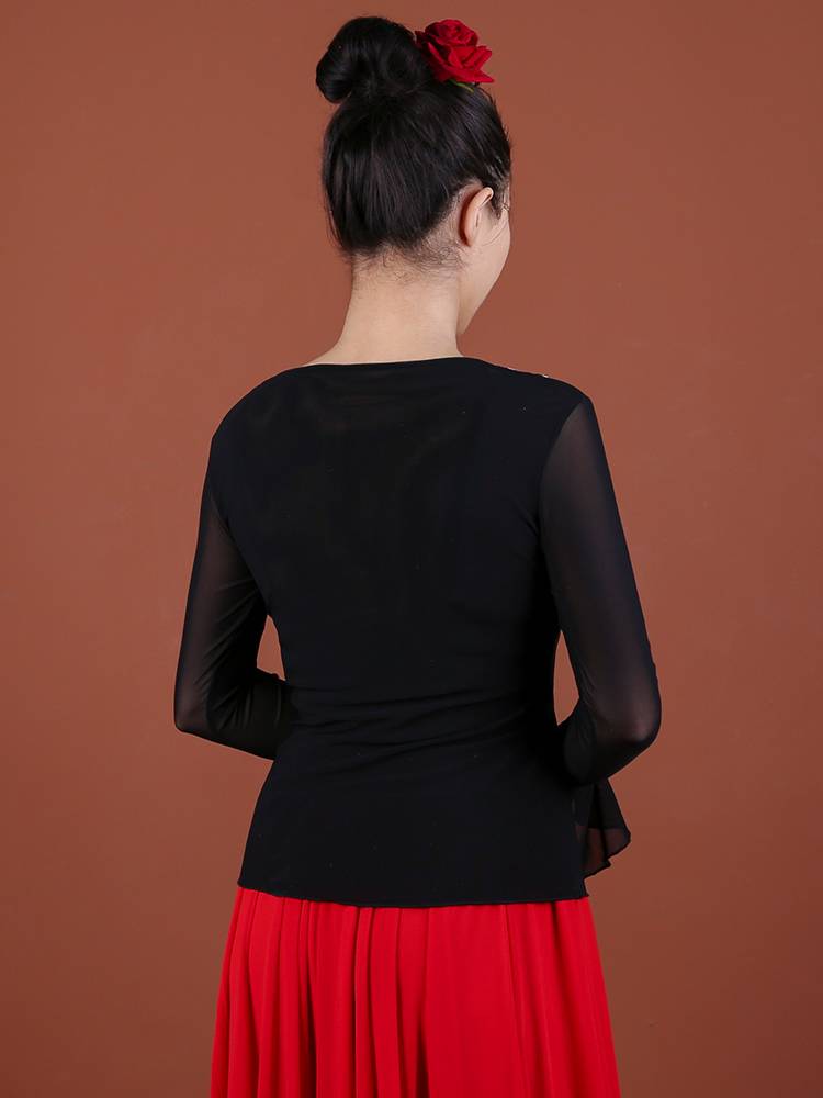 Xinjiang dance service new net gauze paste flower horn sleeve sleeve top national style female air -breathable clothing Wei nationality dance bottoming