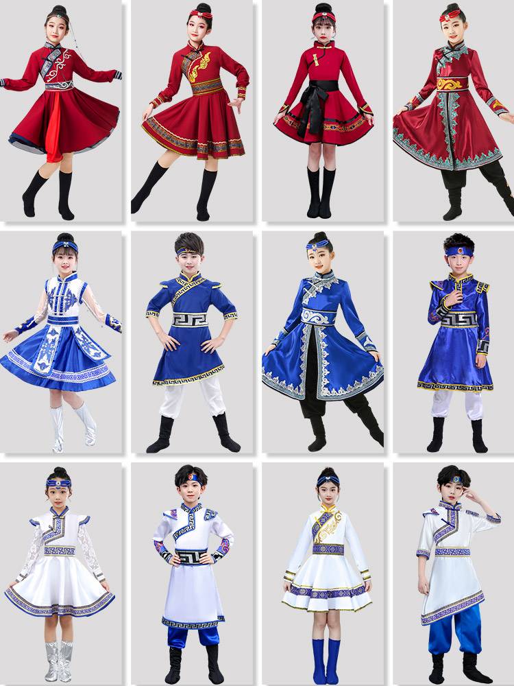 Mongolian children in uniform dance performances Female Monroe dress girls and boys ethnic Mongolian white horses