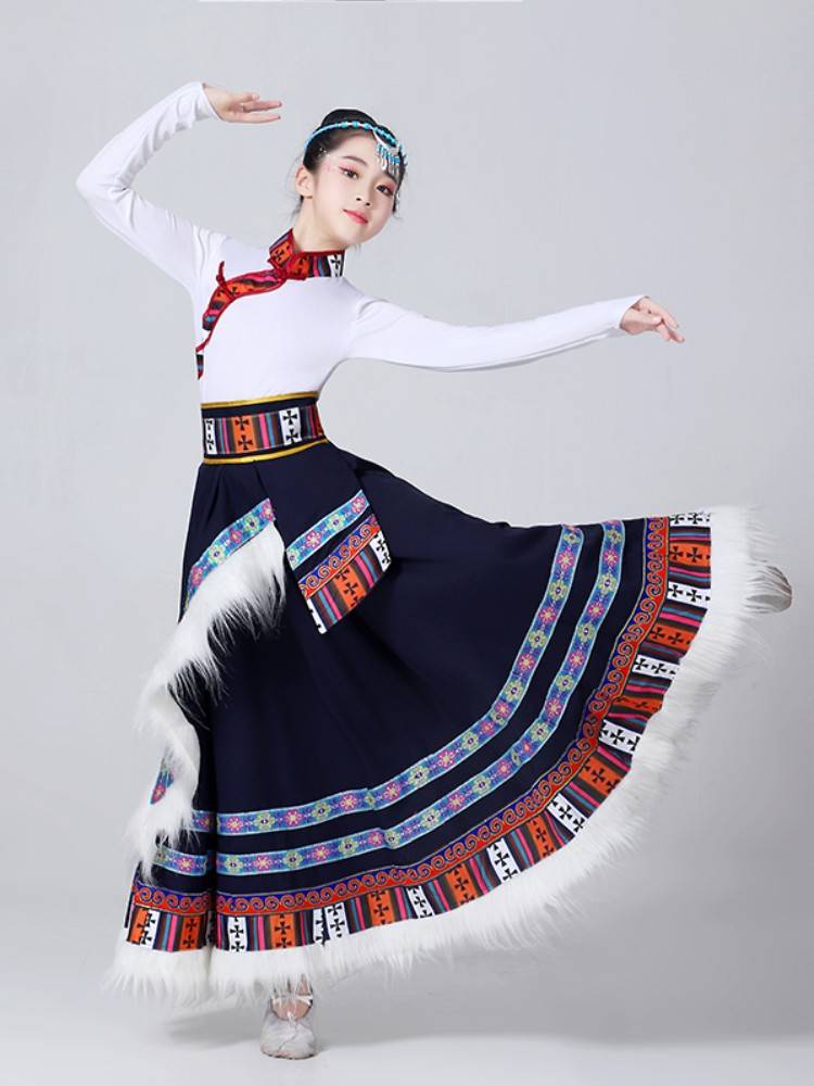 Children's Tibetan dance clothing girl big skirt skirt national performance clothes Mongolian female Tibetan dance practice skirt
