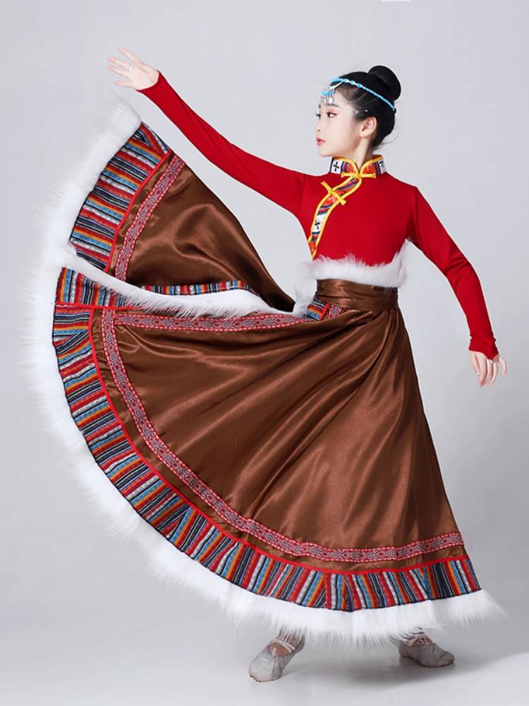 Children's Tibetan dance clothing girl big skirt skirt national performance clothes Mongolian female Tibetan dance practice skirt
