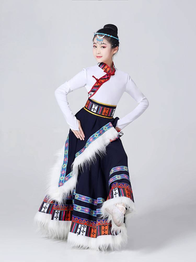 Children's Tibetan dance clothing girl big skirt skirt national performance clothes Mongolian female Tibetan dance practice skirt