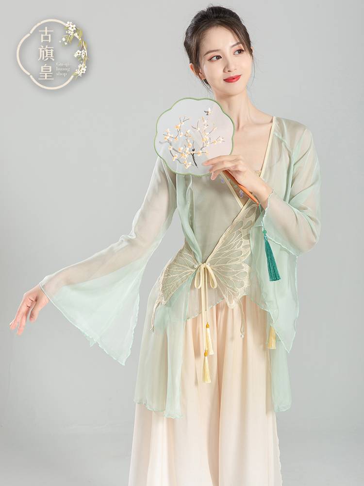 Original ancient flag emperor classical dance performance clothing, elegant chiffon body rhyme yarn training, Chinese style top