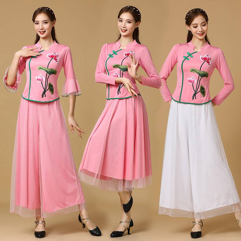 Middle -aged and elderly square dance performance suit set women's new horn sleeve national dance clothing dance fan dance watch show