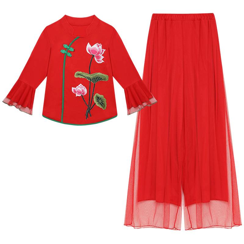 Middle -aged and elderly square dance performance suit set women's new horn sleeve national dance clothing dance fan dance watch show