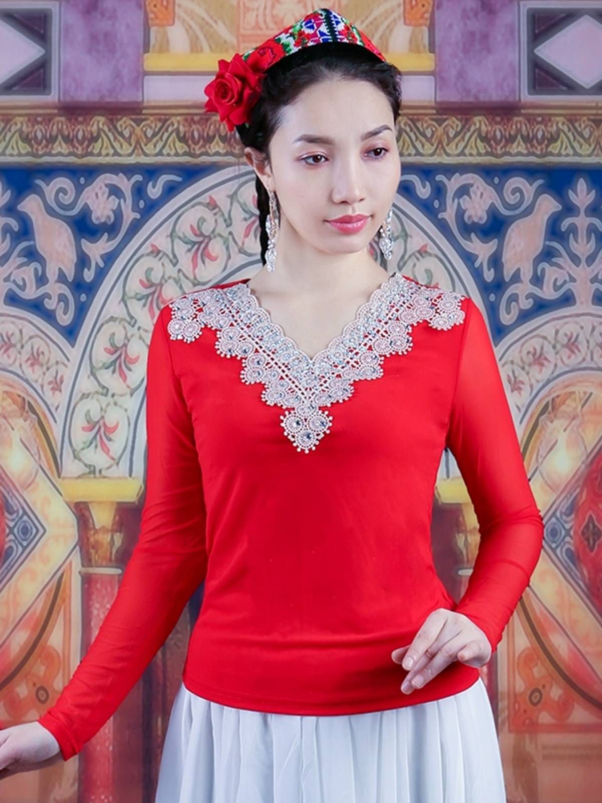 Xinjiang dance bottom shirt national style dance ladies long sleeves thin dance dance plaza dance practice slim net yarn top
