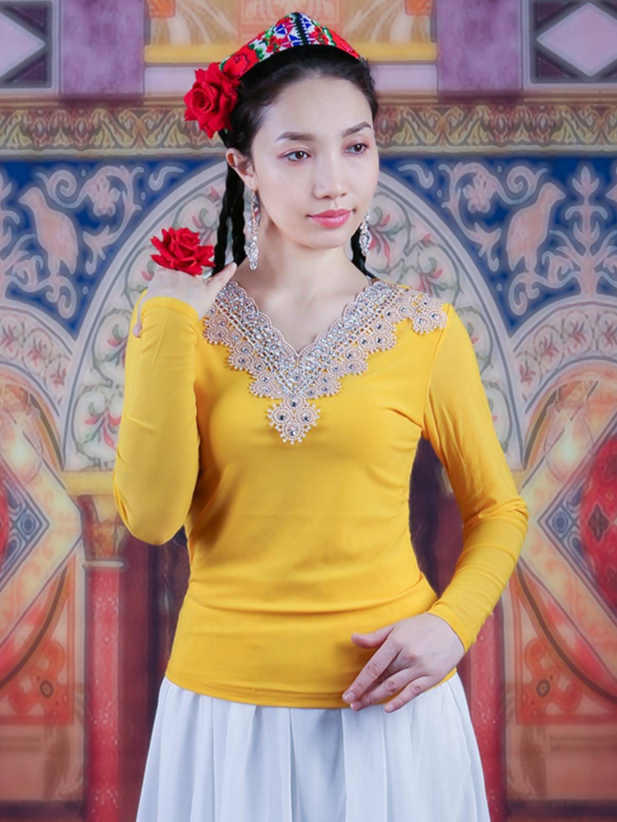 Xinjiang dance bottom shirt national style dance ladies long sleeves thin dance dance plaza dance practice slim net yarn top