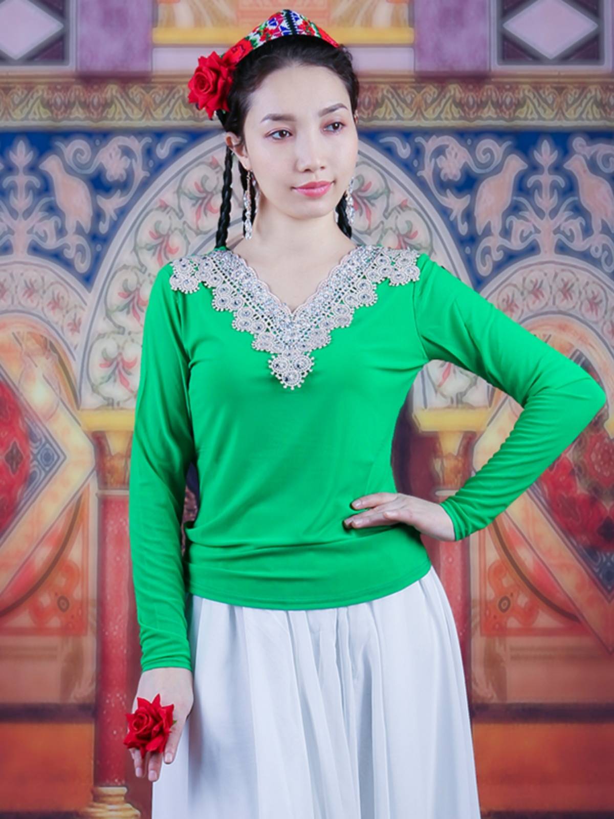 Xinjiang dance bottom shirt national style dance ladies long sleeves thin dance dance plaza dance practice slim net yarn top