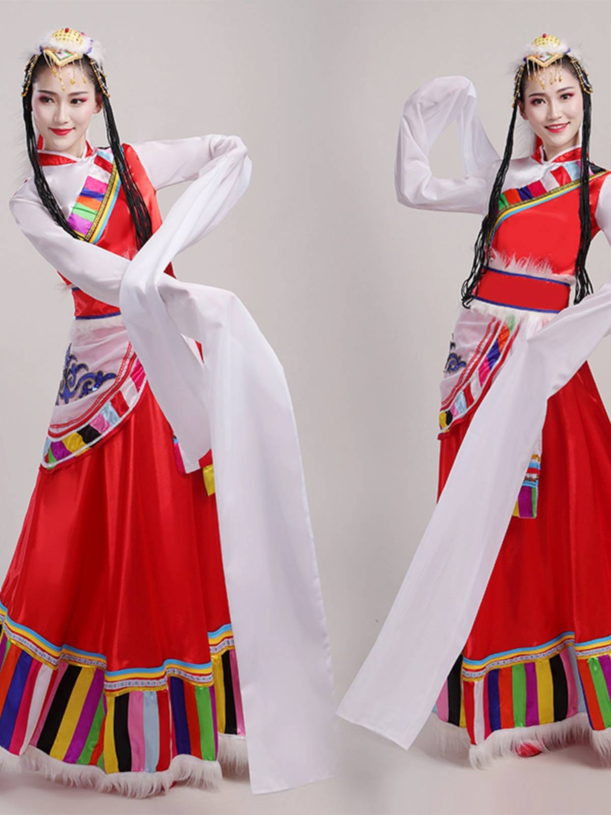 Tibetan dance performances for Tibetan ethnic minority women in long-skirt dress plaza