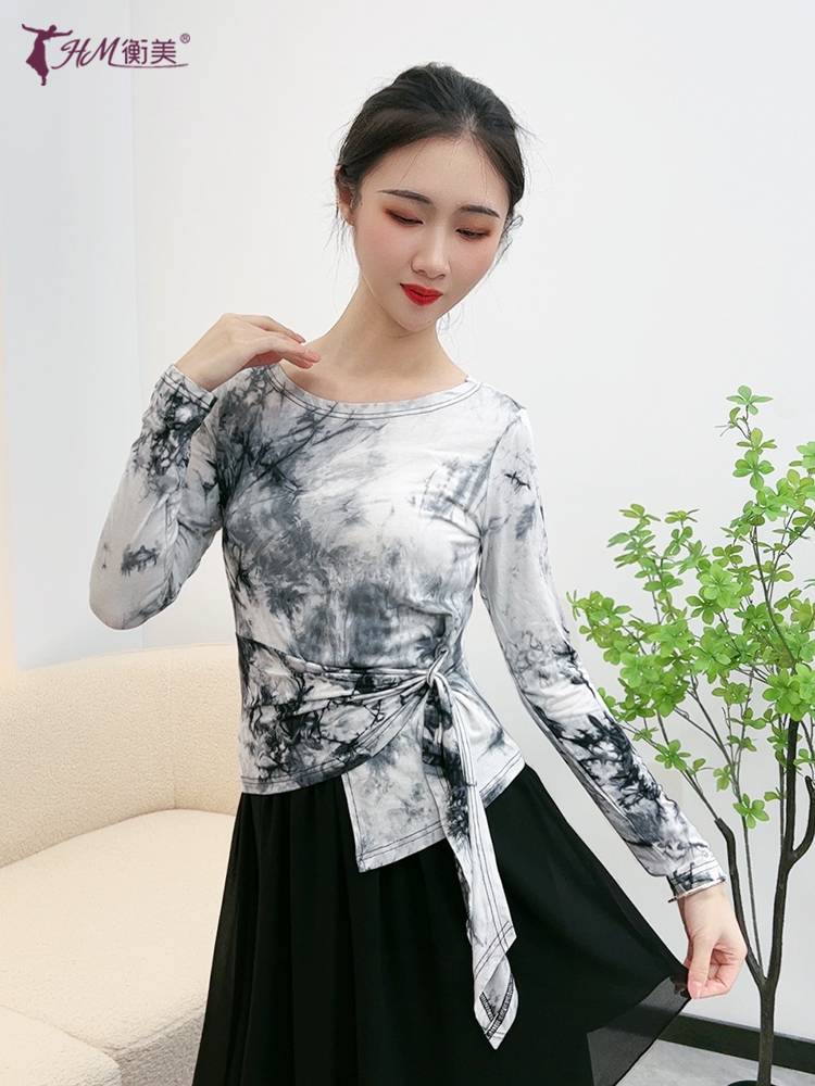 2023 new dance practice uniform top long -sleeved tie -dye lace, waist, thin national style modern dance clothing