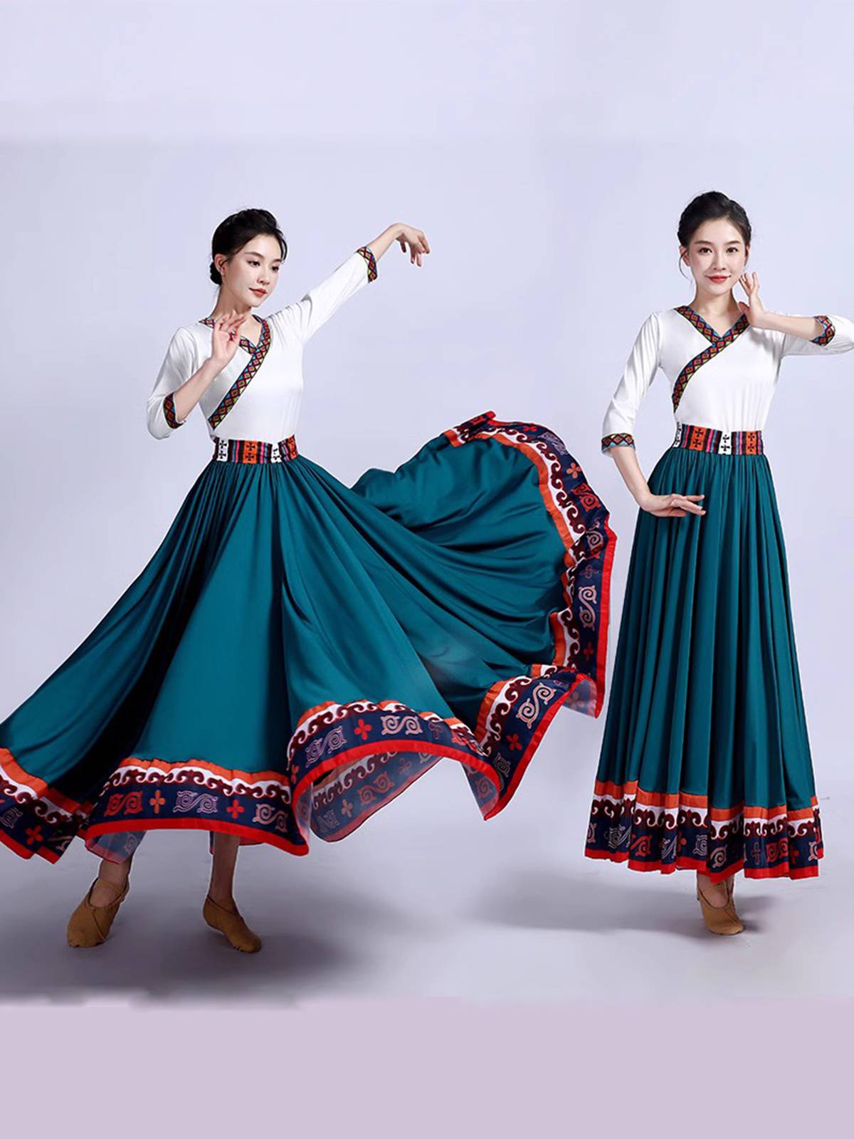 The Tibetan dance women's exam practiced a tuxedo, a Mongolian plaza dance dress
