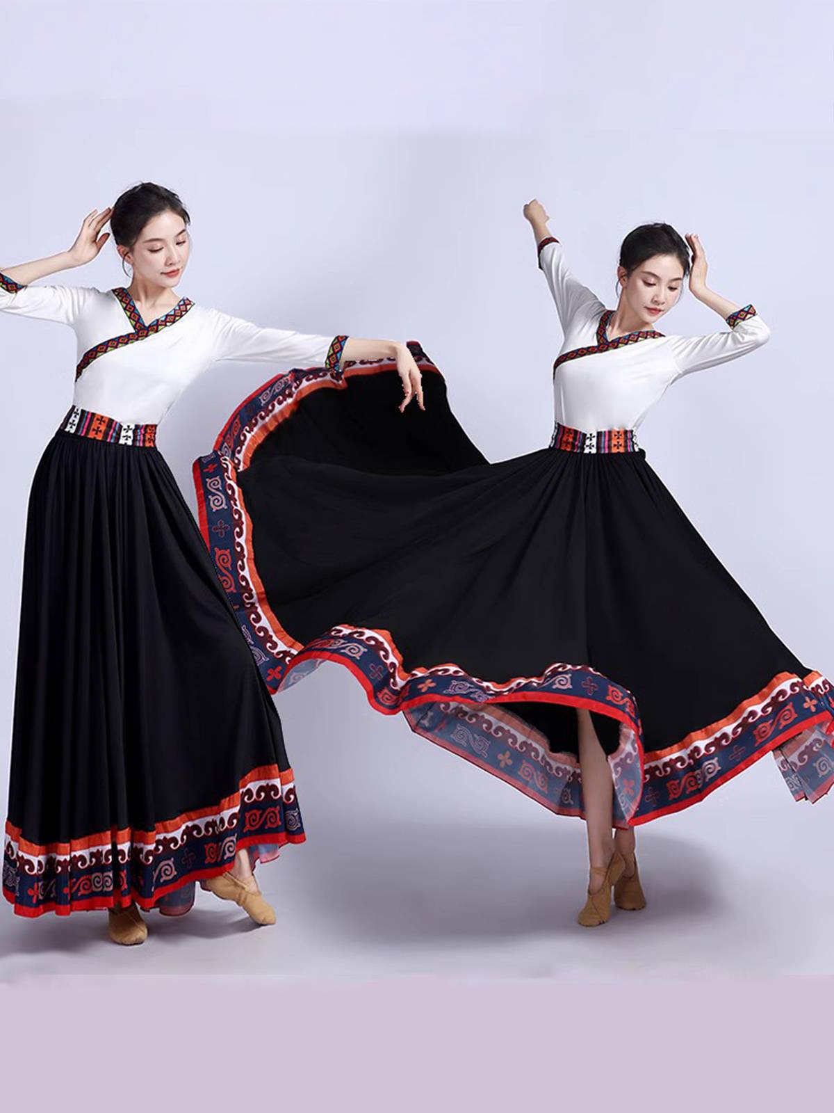 The Tibetan dance women's exam practiced a tuxedo, a Mongolian plaza dance dress