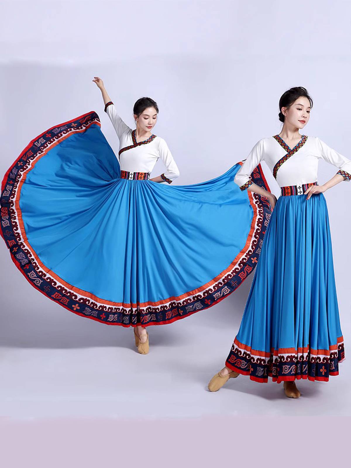 The Tibetan dance women's exam practiced a tuxedo, a Mongolian plaza dance dress