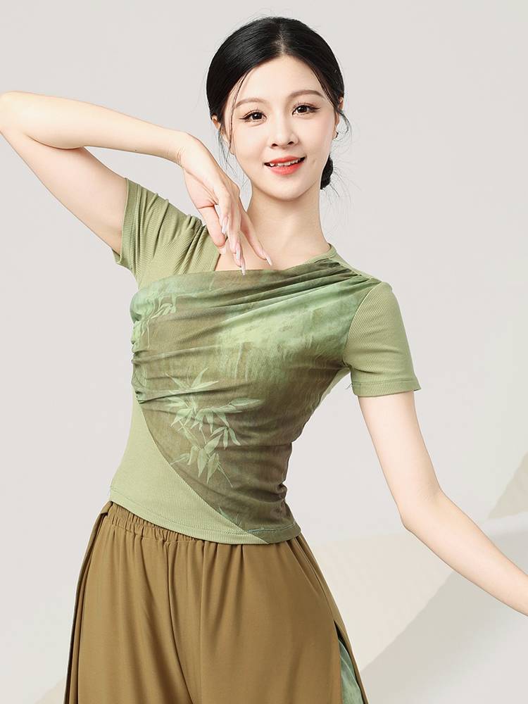 Classical dance service women's shirt short -sleeved country Feng ink Chinese national modern dance -shaped body performance dance practice service summer