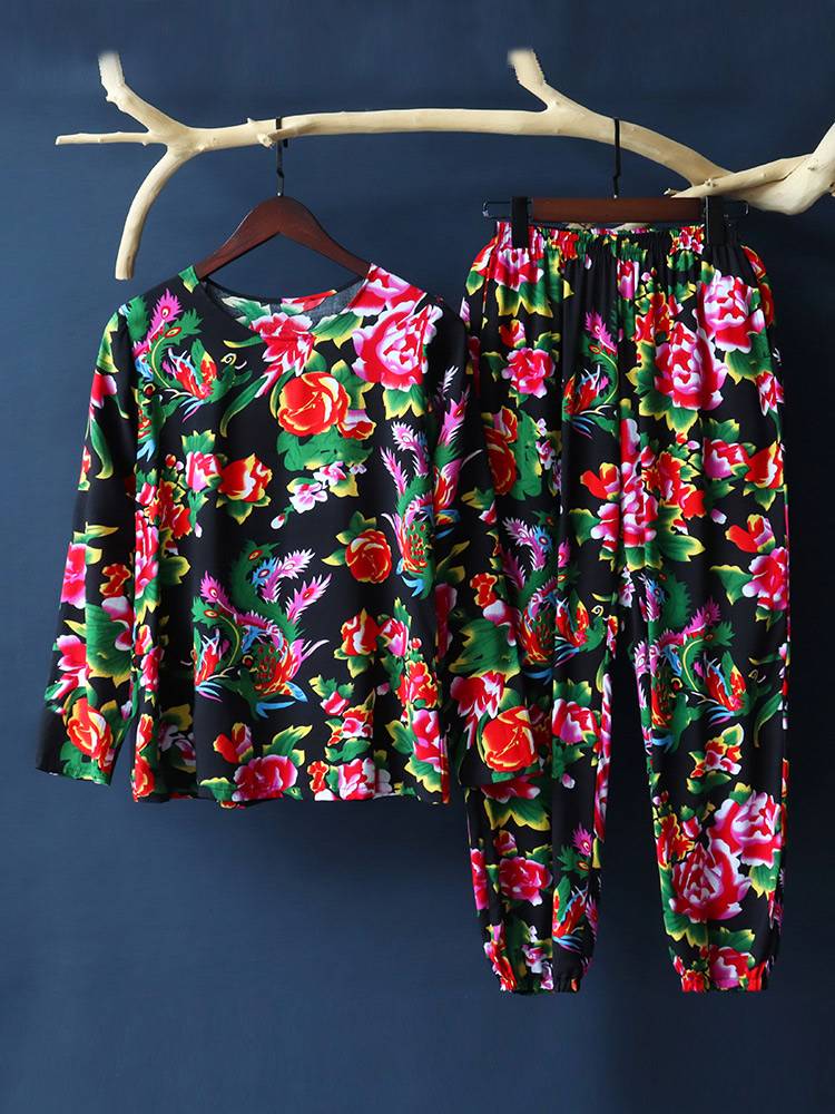 Northeast large flower cloth summer loose thin long sleeve long trousers set cotton, silk T -shirt National style square dance show