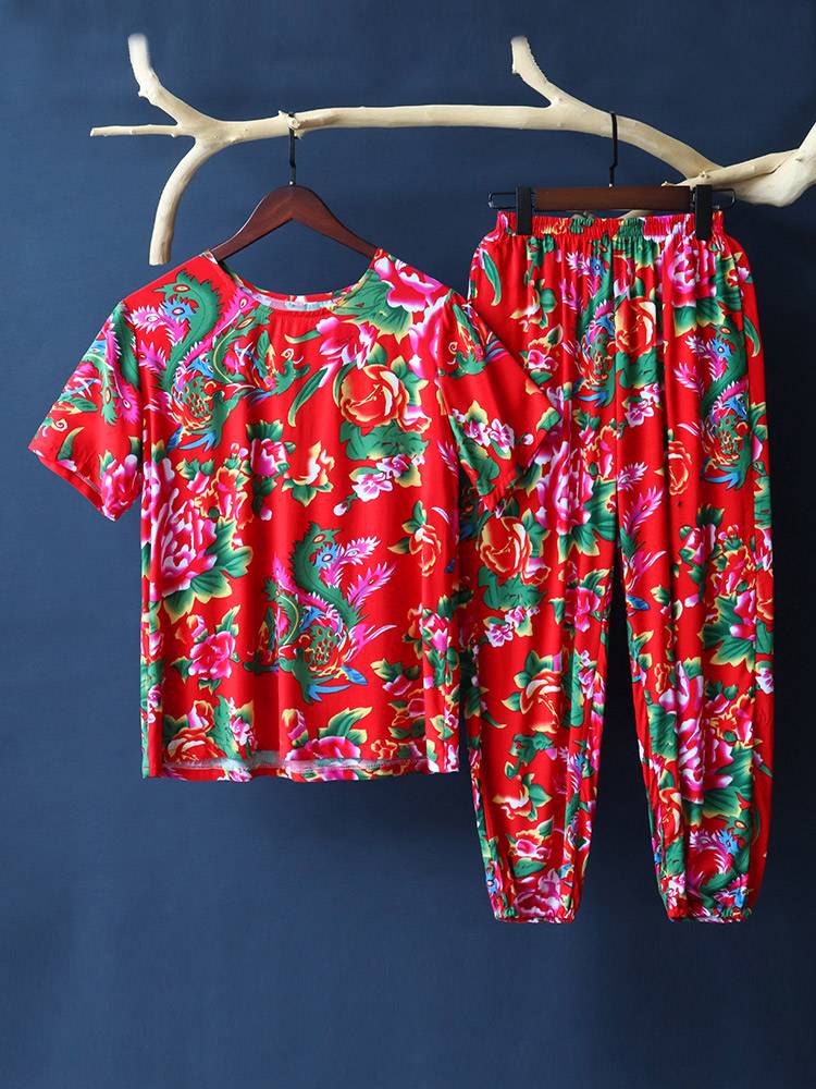 Northeast large flower cloth summer loose thin long sleeve long trousers set cotton, silk T -shirt National style square dance show