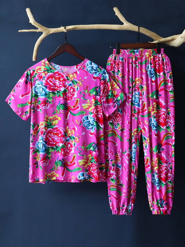 Northeast large flower cloth summer loose thin long sleeve long trousers set cotton, silk T -shirt National style square dance show