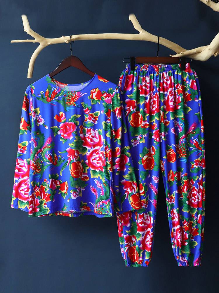 Northeast large flower cloth summer loose thin long sleeve long trousers set cotton, silk T -shirt National style square dance show