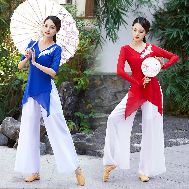 New Classical National Plaza Dance Spring and Summer Net Sataris Mid -sleeved Women's Three -piece Set performed Practice Dance Series