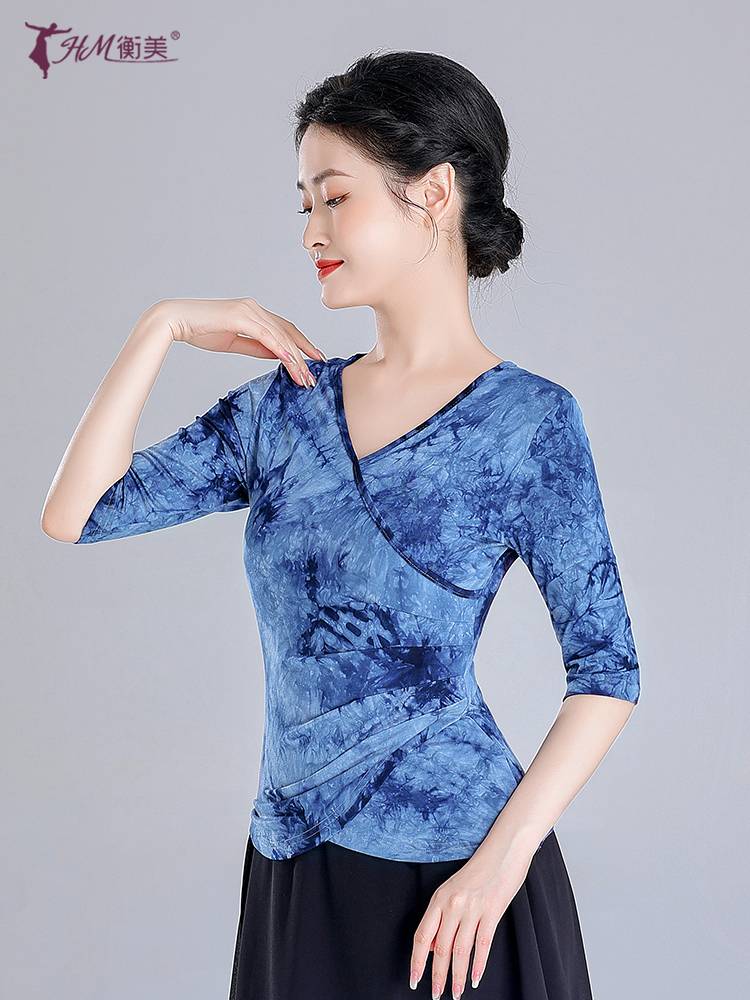 V -neck dance training uniform top female adult tie -dye modern classical dance clothing Chinese style body training suit