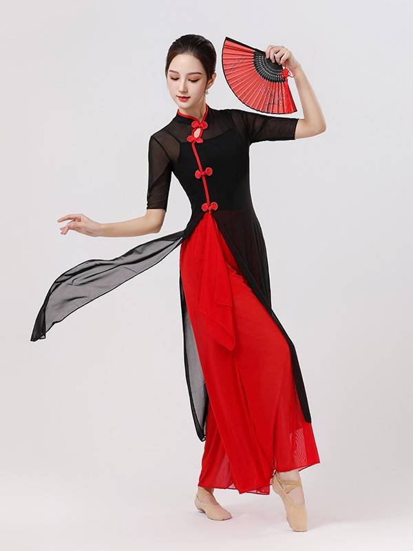 Classical dance clothing female practicing uniforms, elegant fairy fan, Chinese style national style national black elastic cheongsam performance service