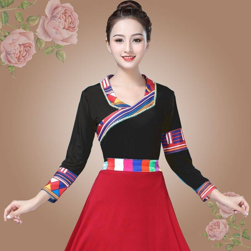 Internet celebrity Tibetan dance clothing ethnic women's square dance top clothes, Tibetan sleeve sleeve sleeve short sleeve top dance