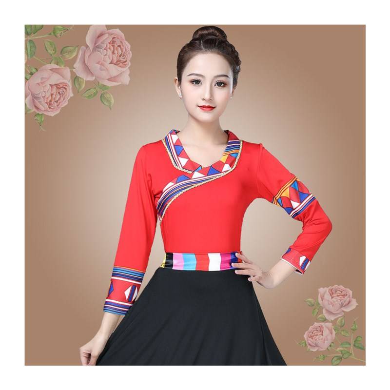 Internet celebrity Tibetan dance clothing ethnic women's square dance top clothes, Tibetan sleeve sleeve sleeve short sleeve top dance
