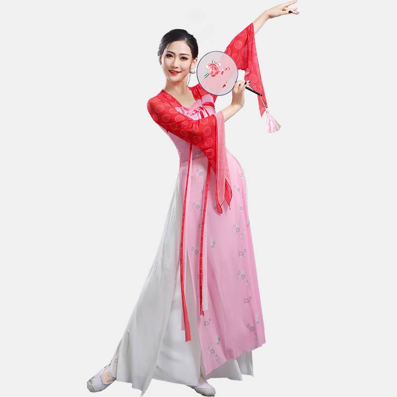 Classical dance service female Qi breasts Hanfu's elegant body rhyme, Han Tang, Tangfeng fan dance Chinese national dance performance