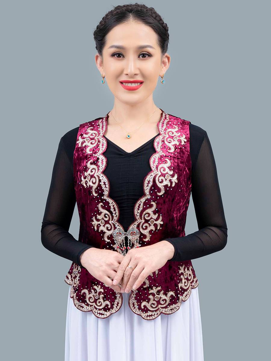 Xinjiang National Dance Vests Dance Performance Clothing Shoulder Plaza Dance Summer Monsole High -grade Golden Velvers