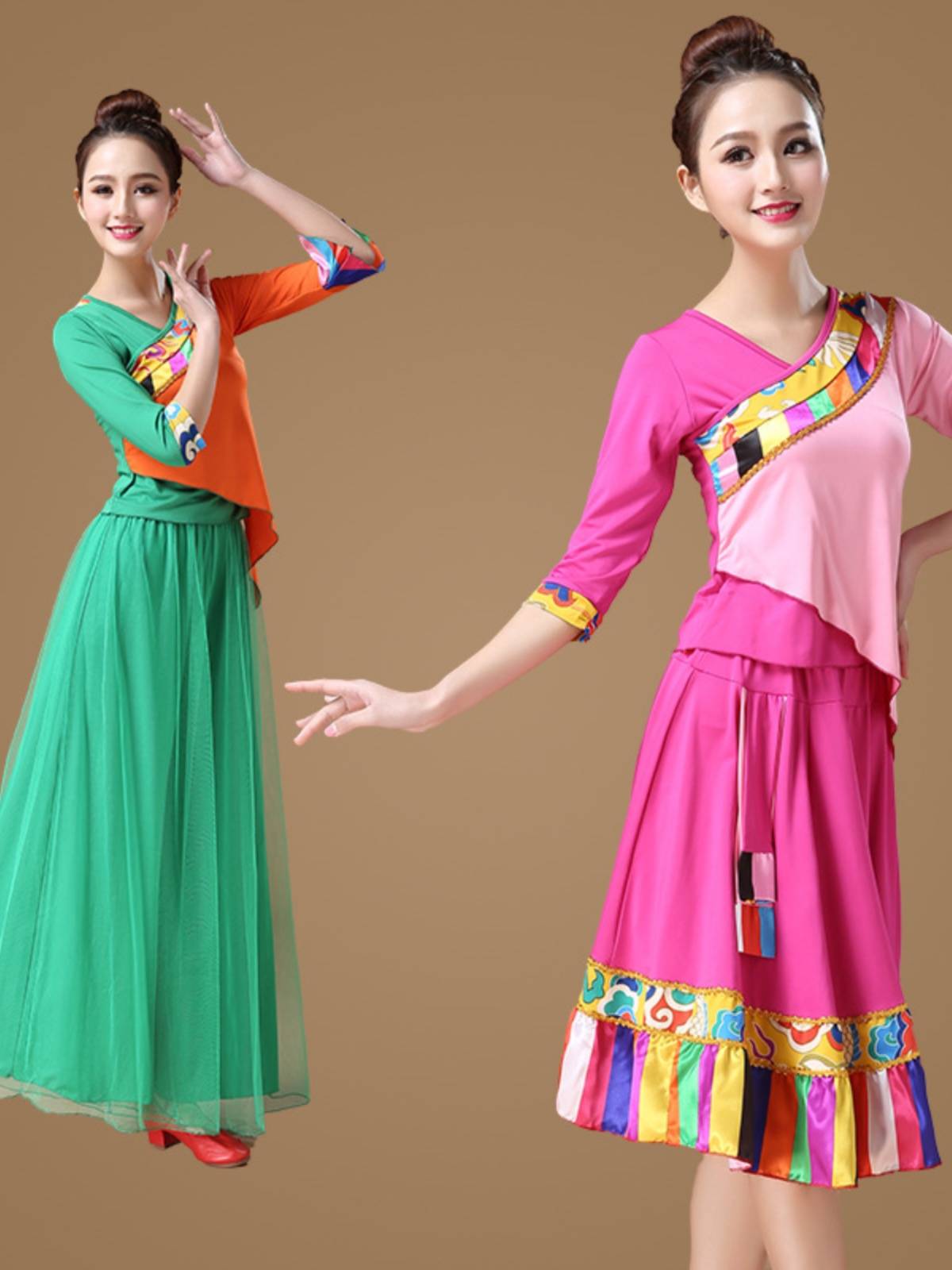 Plaza dance clothing new set female spring and summer milk silk mid -sleeved mesh pants national short skirt collection group performance