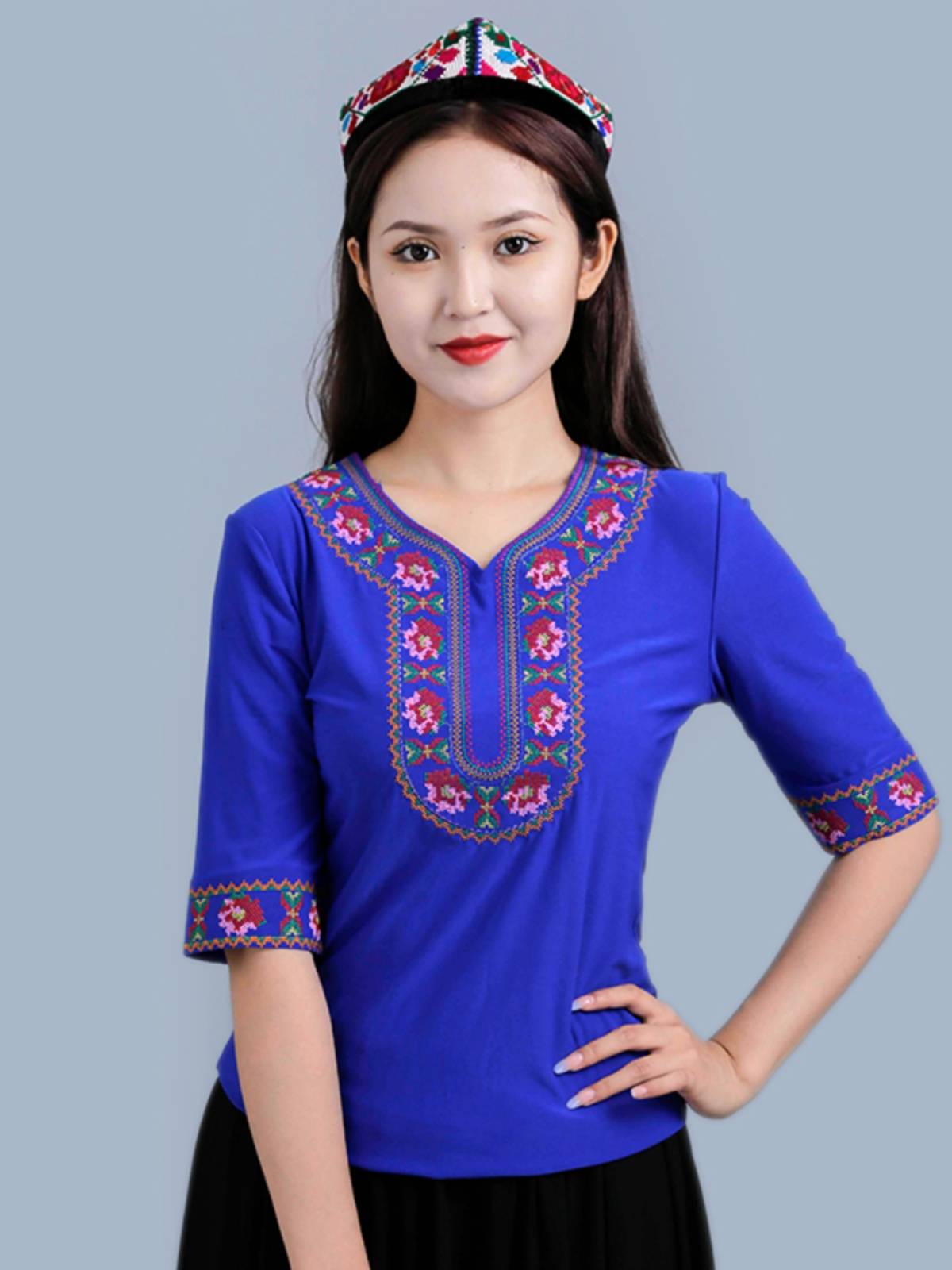 Xinjiang dance practice clothing top short -sleeved ice silk national square dance -vitality stage performance clothing art test clothing