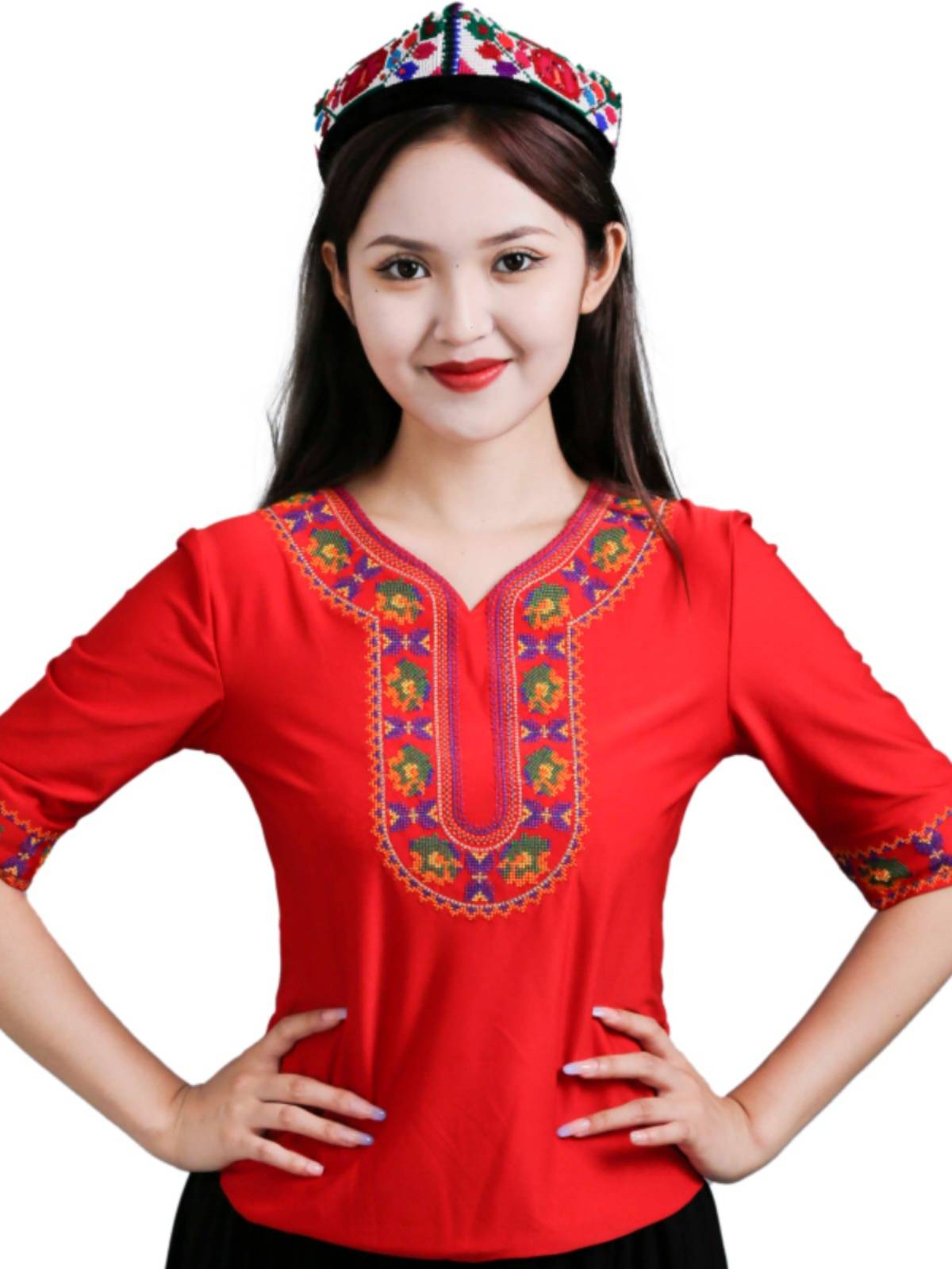 Xinjiang dance practice clothing top short -sleeved ice silk national square dance -vitality stage performance clothing art test clothing