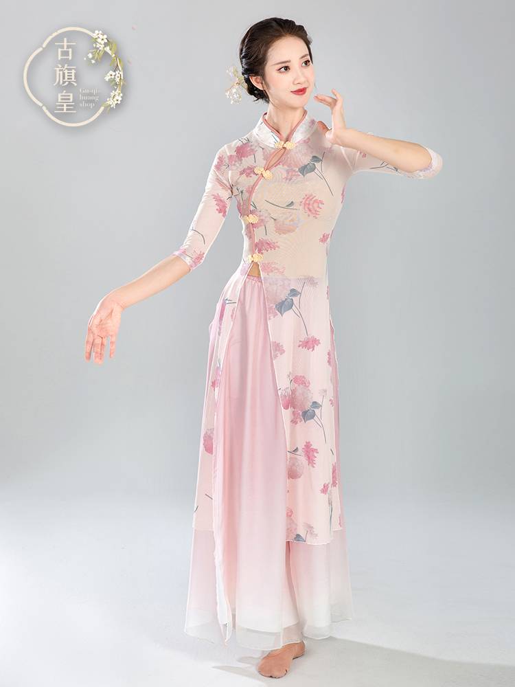 Ancient Banner Classical Dance Cheongsam, elegant female Chinese style dance, rhyme gauze, national dance watch performance, practice clothing