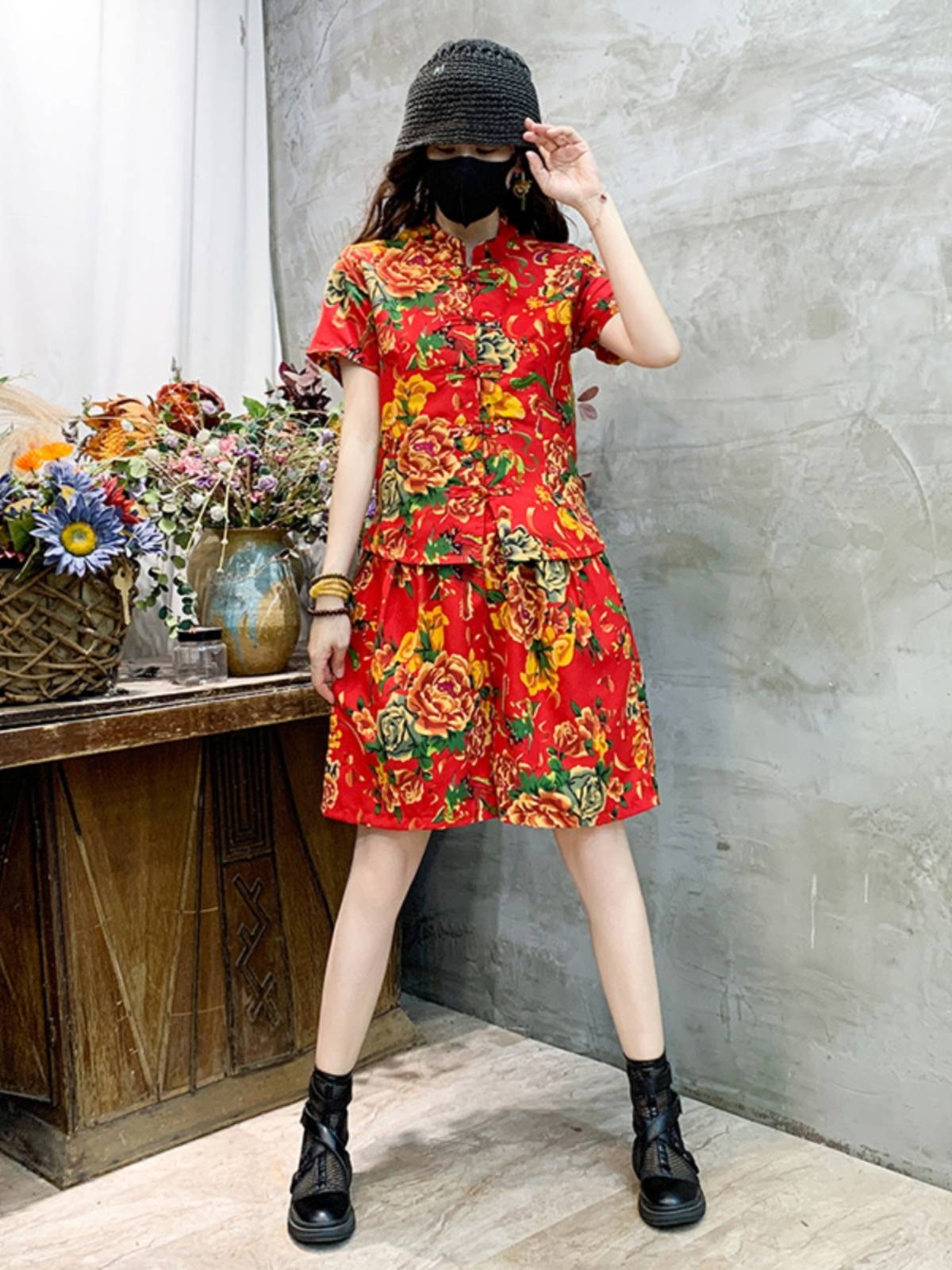Northeast Dahua Short Sleeve Set Ethnic Style Plaza Dance Second Grandma Twisted Yangge Performing Drum Sisters Party Meeting