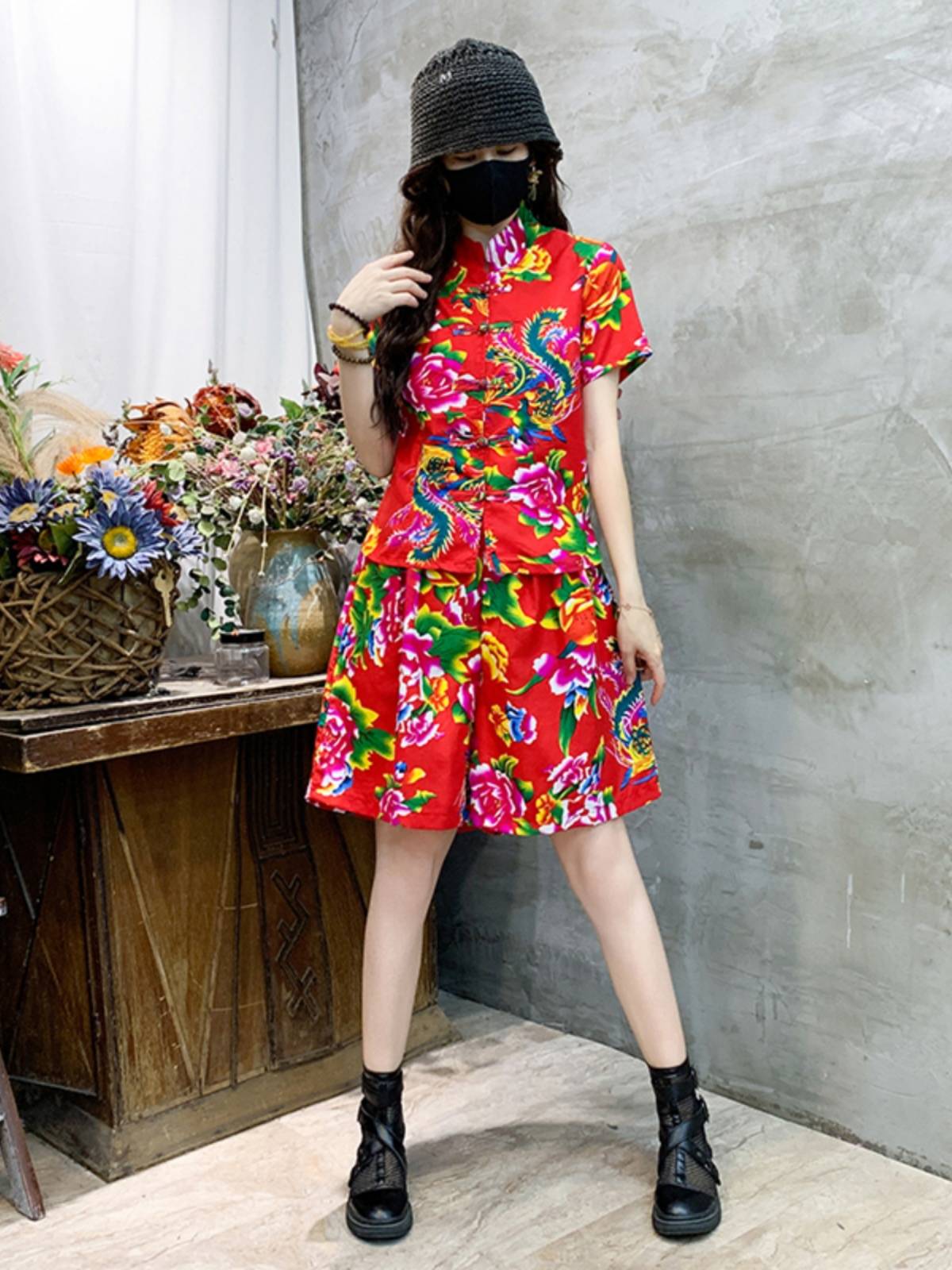 Northeast Dahua Short Sleeve Set Ethnic Style Plaza Dance Second Grandma Twisted Yangge Performing Drum Sisters Party Meeting