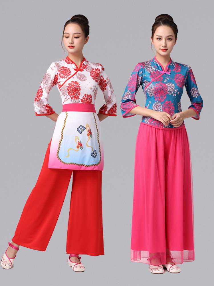National Clothing New Plaza Dance Village Grandma Chinese Wind Yangge Dance Performance Set Mid -sleeved Tea Picking Dance Server Women's Padlier