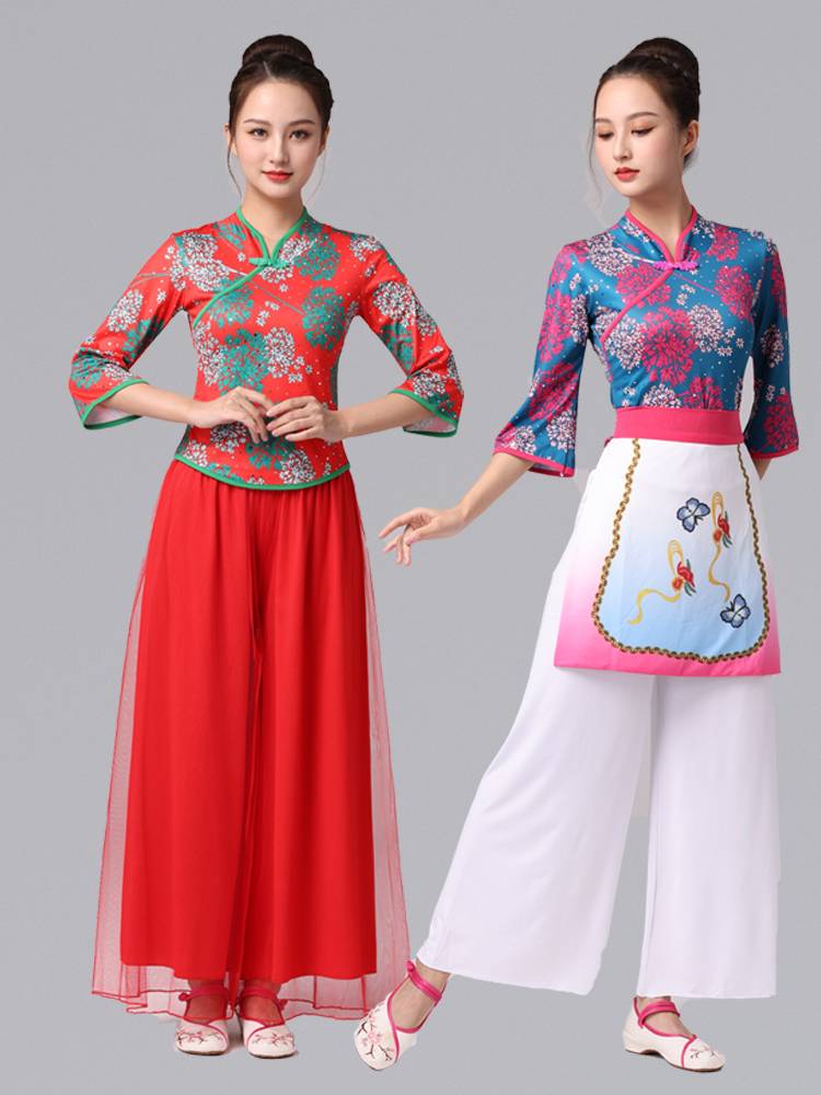 National Clothing New Plaza Dance Village Grandma Chinese Wind Yangge Dance Performance Set Mid -sleeved Tea Picking Dance Server Women's Padlier