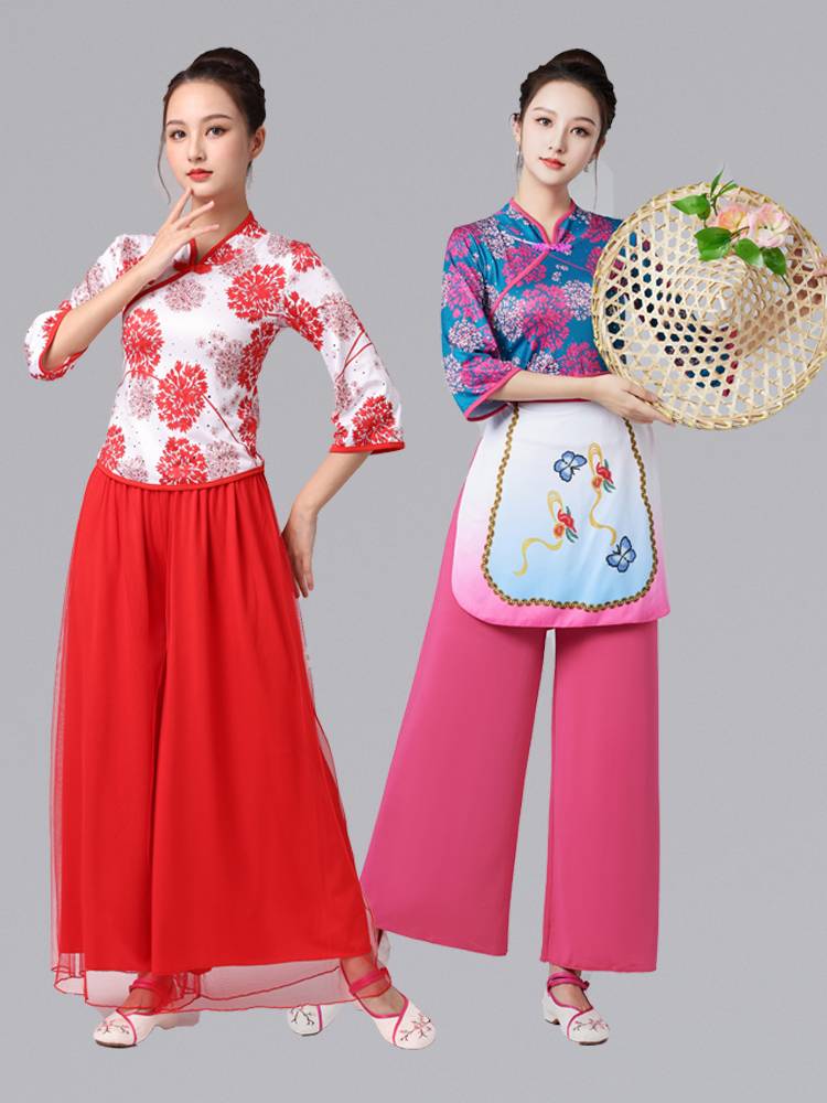 National Clothing New Plaza Dance Village Grandma Chinese Wind Yangge Dance Performance Set Mid -sleeved Tea Picking Dance Server Women's Padlier