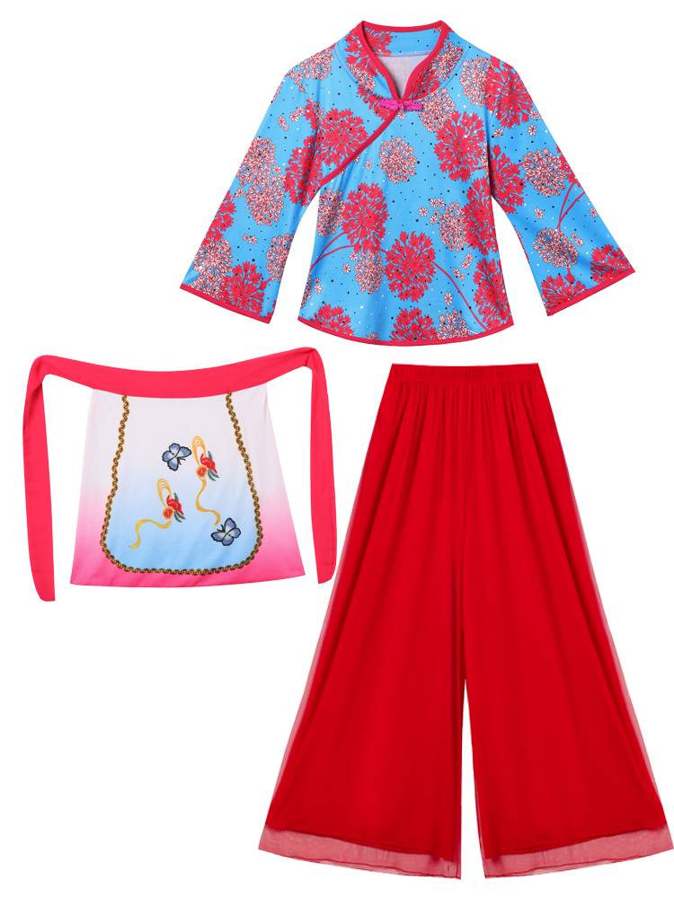 National Clothing New Plaza Dance Village Grandma Chinese Wind Yangge Dance Performance Set Mid -sleeved Tea Picking Dance Server Women's Padlier