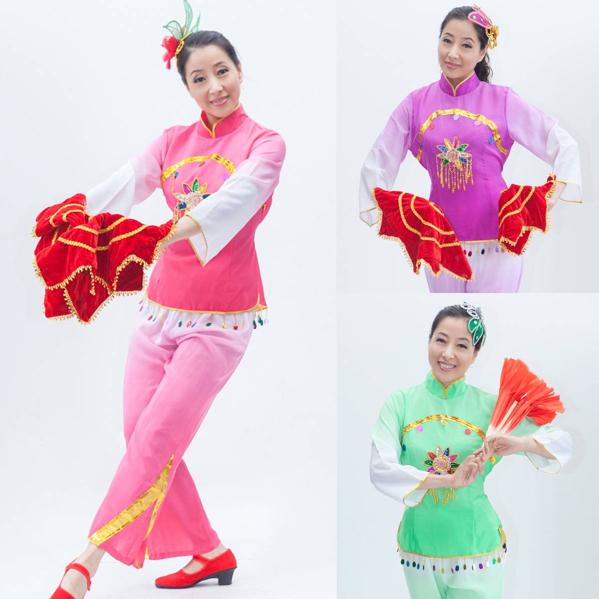 Middle -aged and elderly Yangge service ethnic dance clothing performance service women's fan dance service new hanging pearl transition color stage