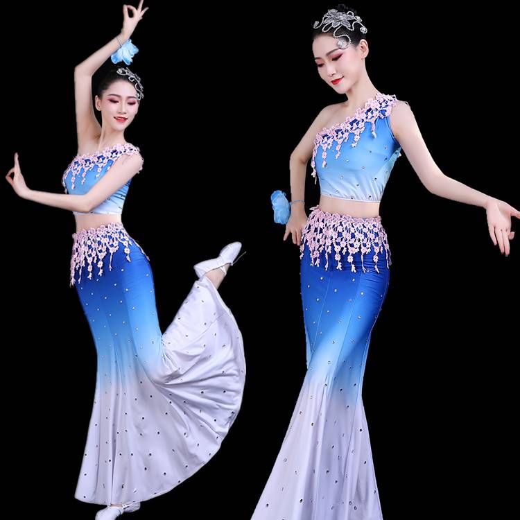 Dai dance service female new adult slim fishtail skirt Children's national gradient colorful clouds South art test service