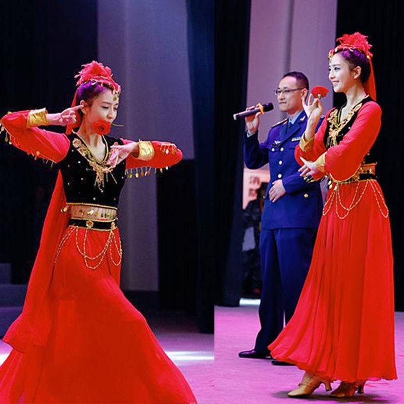 Tong Liya's same model Xinjiang dance performance service opening dance big skirt adult female red long -sleeved Uyghur clothing