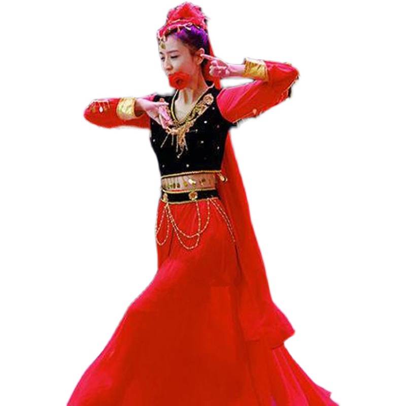 Tong Liya's same model Xinjiang dance performance service opening dance big skirt adult female red long -sleeved Uyghur clothing