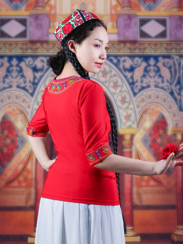 Tianshan Meiyi Dance Service Women's Summer Milk Silk Embroidery Short -sleeved Uyghur National Dance Fave Black