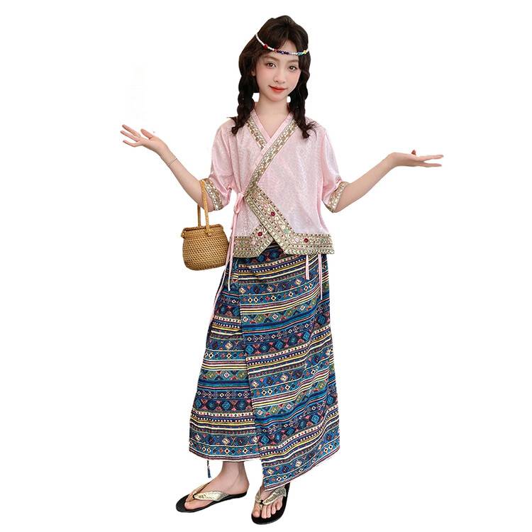 Girls Girl Hanfu summer new ethnic minority clothing Dai dance dance skirt, foreign style, country style two -piece