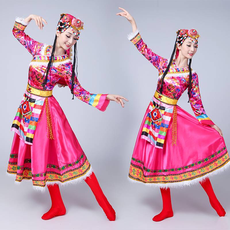 New ethnic minority dance clothing adult performances Mongolian long female Tibetan stage square dance clothing Tibet