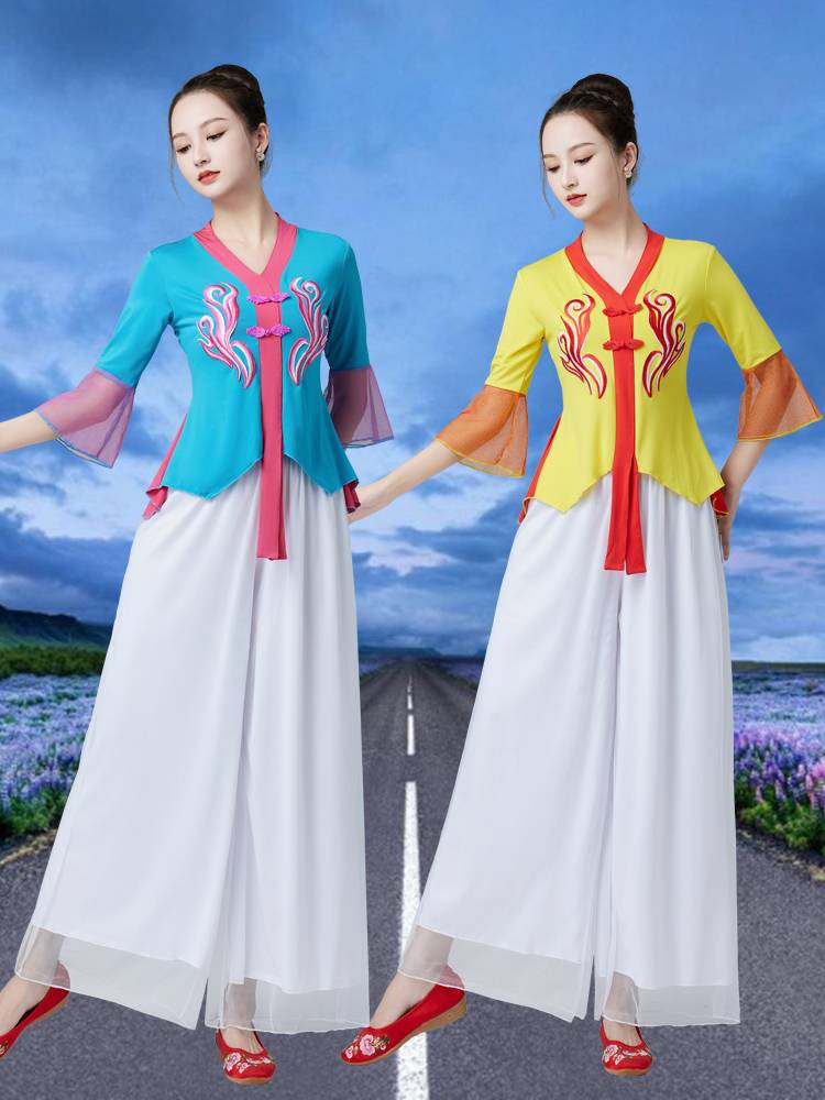 National Clothing New Fan Dance Fun Sleeve Sleeve Dance Set Classical Yangge clothing net yarn pants dance performance clothing