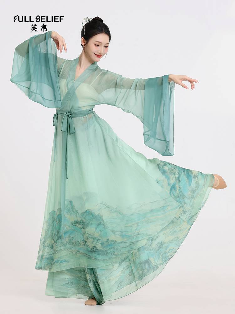 Fuxi Classical Dance Clothing Double Skirt Double Chinese Wind Half -Bar up Skirt Ancient Wind Printing Skirt Performance Fun Leader