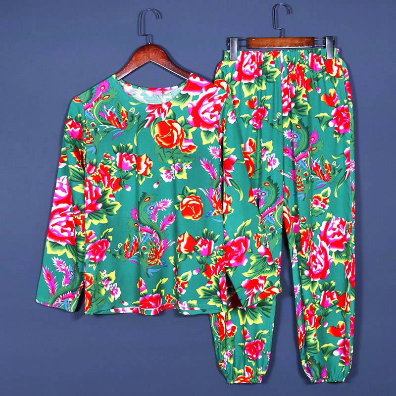 Northeast big flower cloth summer cotton and silk set men's long -sleeved short -sleeved short pants ethnic style stage service artificial cotton pants